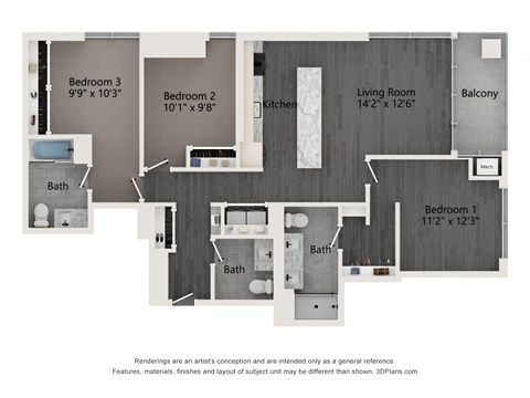 Floor plan for 3 beds, 2.5 baths, 1279 sqft